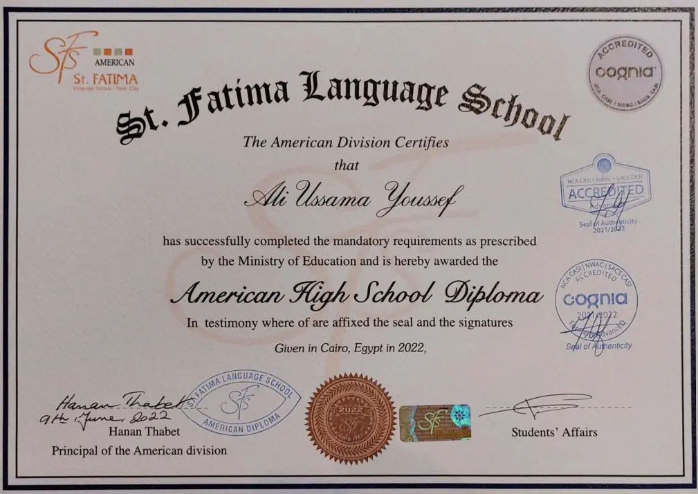 Ali's American High School Diploma from Saint Fatima Language School