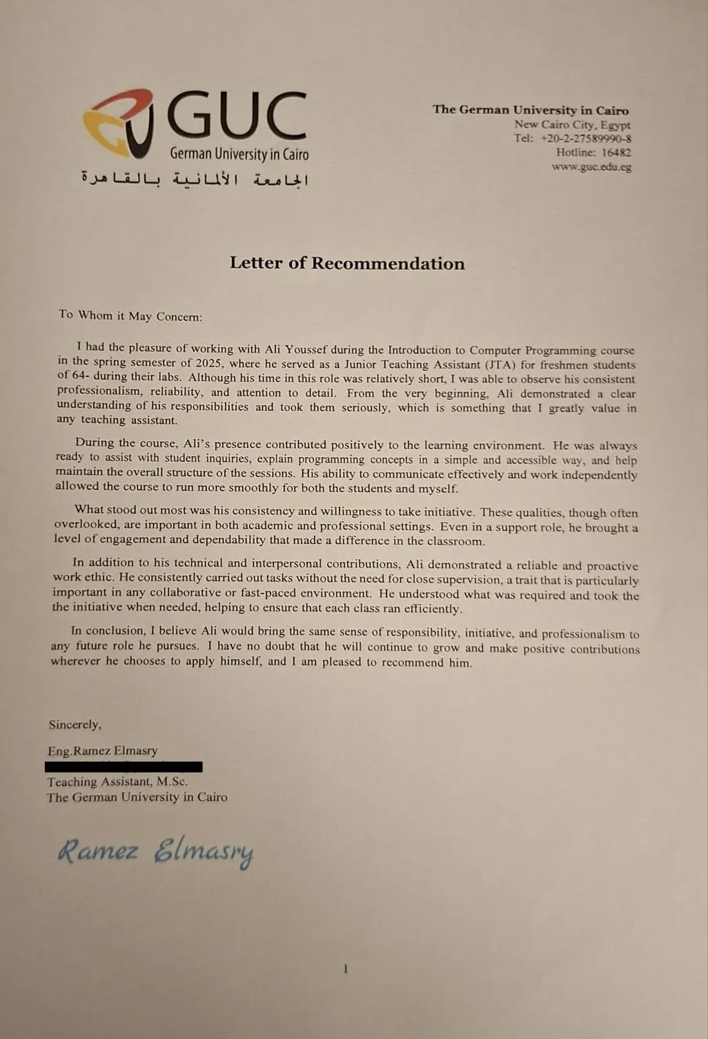 Letter of recommendation from Eng. Ramez Elmasry, Teaching Assistant at the German University in Cairo, describing Ali Yousef's work as a Junior Teaching Assistant during the Introduction to Computer Programming course