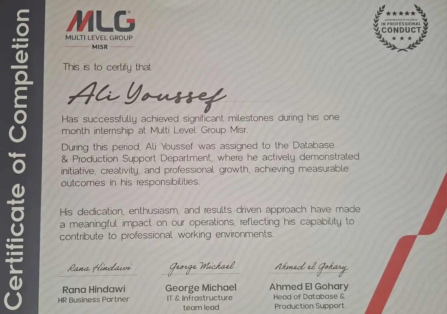 Multi Level Group Misr certificate of completion for Ali Youssef, recognising his one-month internship in the Database & Production Support Department